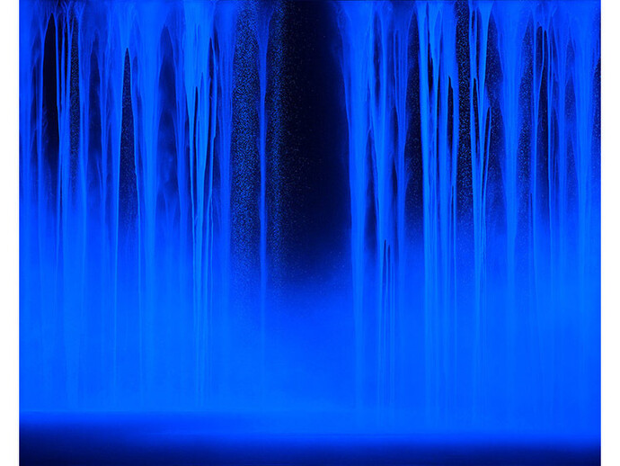 Hiroshi Senju, Waterfall (under ultraviolet light), 2014, acrylic and fluorescent pigments on Japanese mulberry paper, 71 9/16 x 89 1/2 inches © 2014 Hiroshi Senju