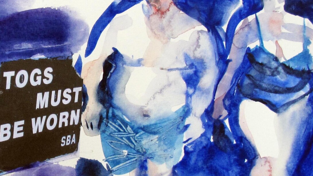 John Short, Sketchbook – Bathers, ‘Togs must be worn’, watercolour and collage, 13 x 41cm. Courtesy of Solomon Fine Art