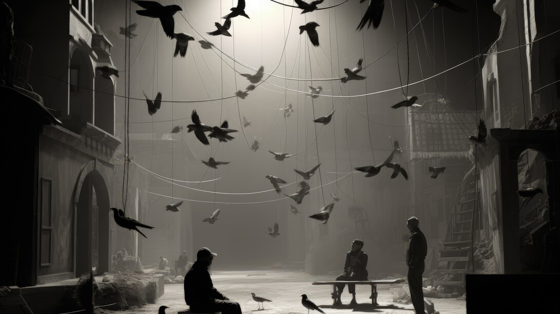 Retro World Theatre Day scene with flying birds and urban ruins