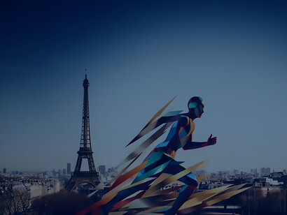 The Paris 2024 Olympic Games captured in a vibrant image, showcasing an agile sprinting athlete, elevated by the use of artificial intelligence