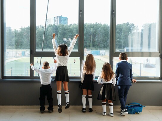 Students in school uniforms seen from behind, looking outside