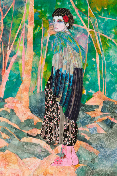 Maria Berrio. The Nightingale 1 (2017), collage w/ Japanese paper on canvas, 60” x 48”

