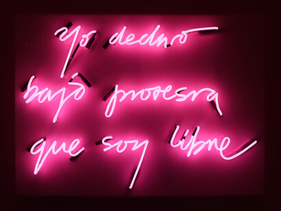 Reynier Leyva Novo, yo declaro bajo protesta ques soy libre (I declare under protest that I am free), 2019, pink neon, white acrylic, 32.25x44 inches, mounted on white acrylic. Edition of 3. Courtesy of the artist and Lisa Sette Gallery