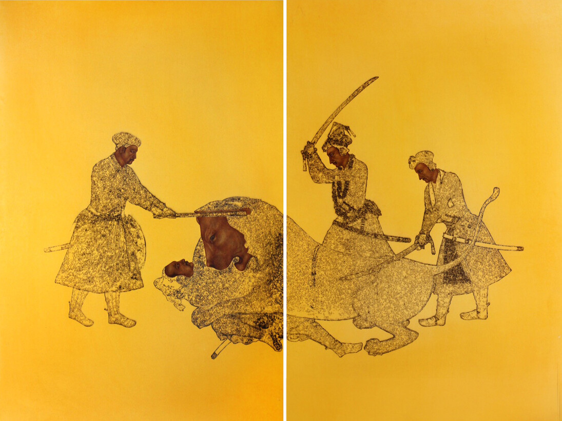 Muhammad Zeeshan, Sher III (2015) laser scoring and gouche on wasli, 55 x 37 in