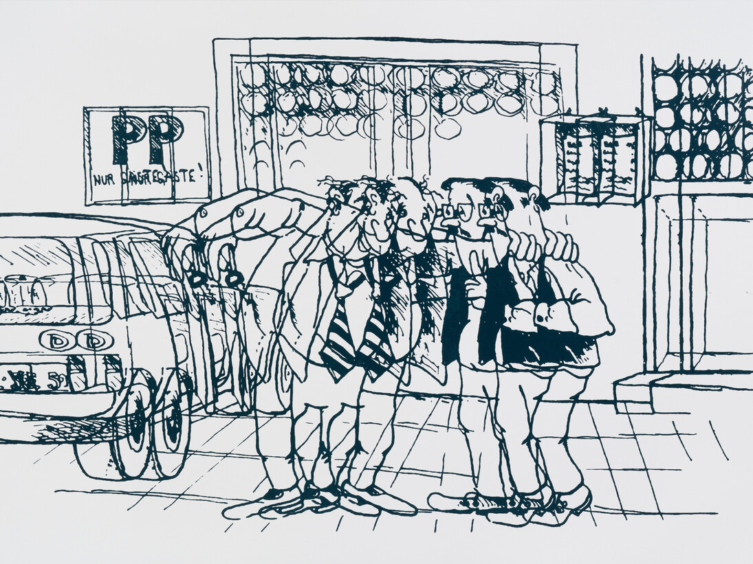 Oliver Osborne,
Double Drunk (Niemetzstr.), 2015,
Silkscreen on linen,
193 x 314 cm,
76 x 123 5/8 ins,
courtesy Vilma Gold, London
