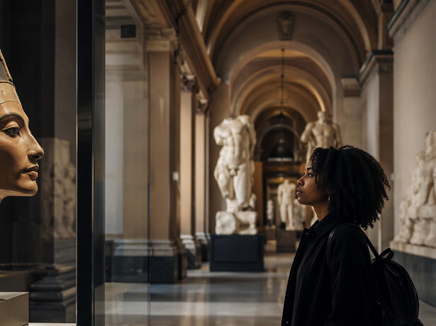 Uma visitante observa o busto de Nefertiti em uma galeria europeia: símbolo de beleza e poder, a peça também representa o debate sobre a permanência de patrimônios retirados de seus contextos originais