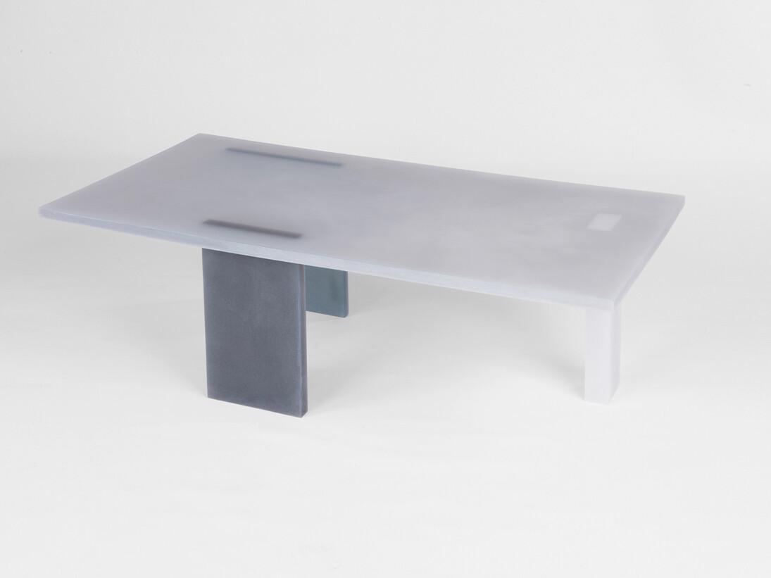 Wonmin Park, Haze Rectangular Table (White, Gray and Navy), 2013, lightly coloured resin, h41 l121.5 w69.5 cm / h16.1 l47.8 w27.4 in, limited edition of 8 + 4 ap © Alix de Rozières | Courtesy Carpenters Workshop Gallery
