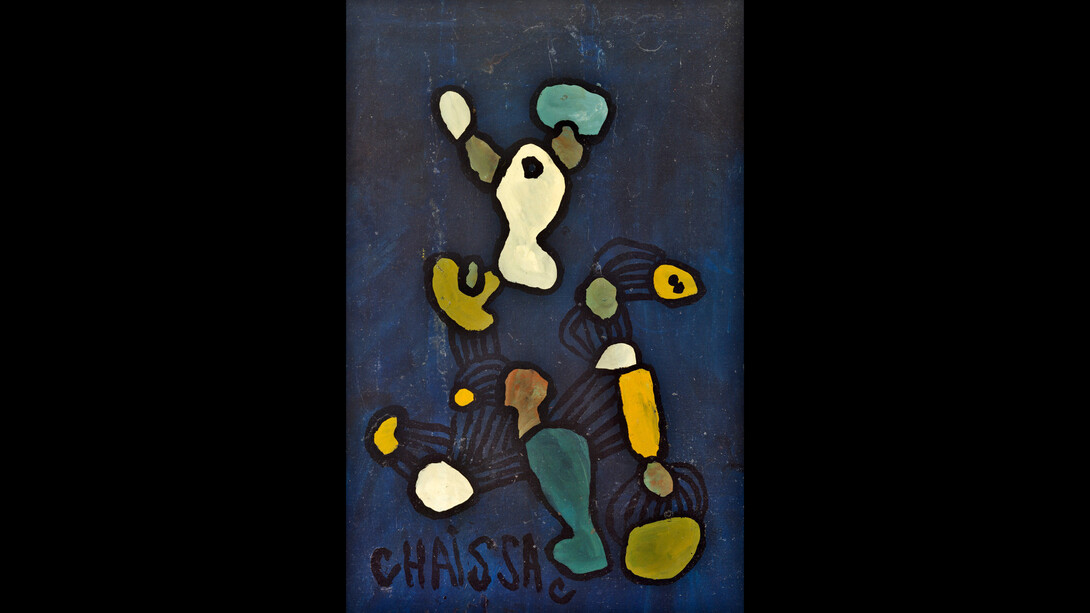 Gaston Chaissac, Composition fond bleu nuit, 1962-1963, oil on paper mounted on canvas, 39x25 1/4 inches, 99 x 64 cm. Courtesy of Michael Werner Gallery, New York and London