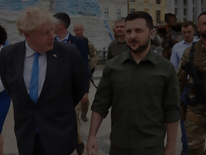 Volodymyr Zelenskyy and Boris Johnson visited St. Michael's Golden-Domed Monastery and had a walk in Mykhailivs'ka Square, Ukraine, 2022