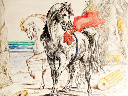 Giorgio de Chirico, Cavalli antichi, 1969. Litografia colorata a mano dall'artista. Courtesy of 29 Arts in Progress gallery