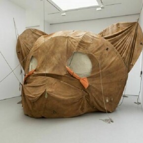 Brian Griffiths, The Body and Ground (Or Your Brittle Smile), 2010, Canvas, scenic acrylic paint, rope, webbing, fiberglass pole, metal poles, vintage travel souvenirs patches, net fabric, tarpaulin, duct tape, thread, string, sand, and fixings