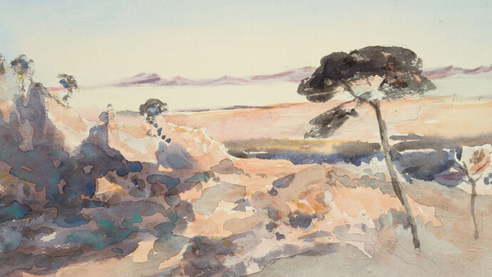 Parasol pink mountains sky background pink, not dated. Barbara Leigh Smith Bodichon (1827–1891). Watercolor on paper mounted, 8 1/8 × 14 1/4 inches. Delaware Art Museum, Acquisition Fund, 2017.