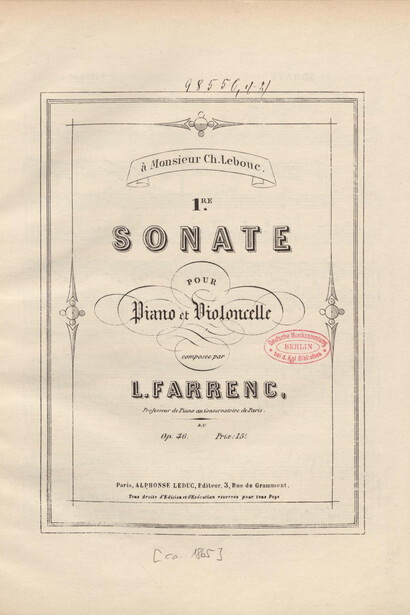Sonata per pianoforte e violoncello di Louise Farrenc, op. 46, frontespizio, edizione Alphonse Leduc (ca. 1865)