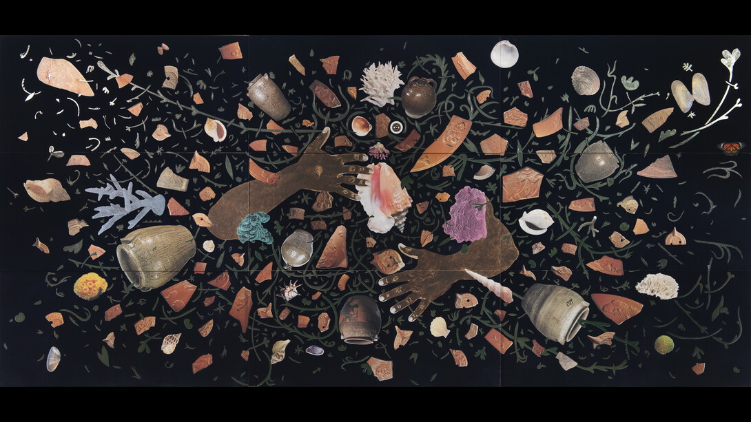 William Villalongo, A Dance for Dave, 2023, acrylic, velvet flocking and paper collage on wood panel, 36x76 1/4x2 3/4 inches, copyright the artist. Courtesy of ©Villalongo Studio LLC and Susan Inglett Gallery, NYC