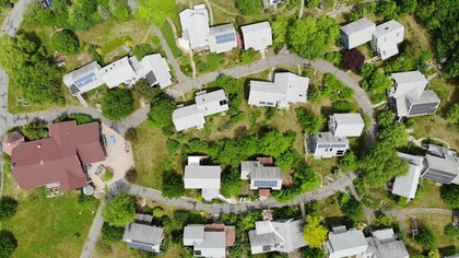 An aerial view of a cohousing community