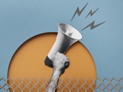 A megaphone juxtaposed against striking lightning bolts, symbols of amplified voice and disruptive power, used to speak against injustice and demand change