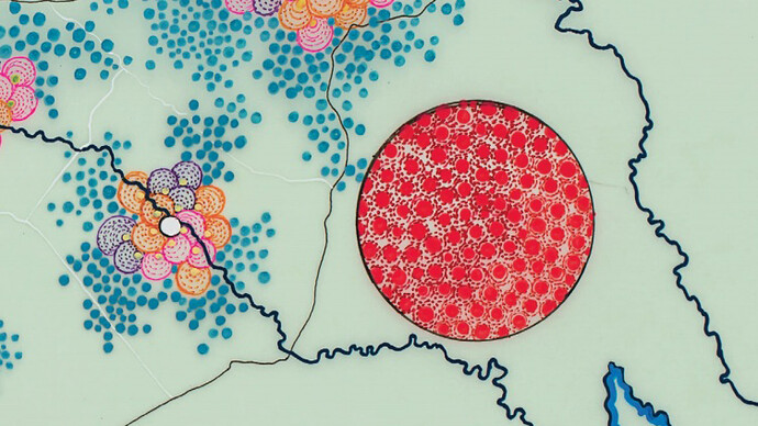 Tiffany Chung. Detail. UNHCR Red Dot Series - Tracking the Syrian Humanitarian Crisis - April-December 2012  (detail), 2014–15, part of “The Syria Project,” 2014, oil and ink on vellum and paper, nine works- 21 x 30 cm each