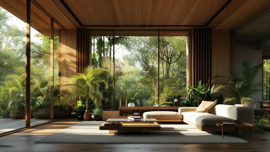 A living room combining wood, organic textures, soft furnishings and expansive glazing, showing the human-centred character of warm modern architecture