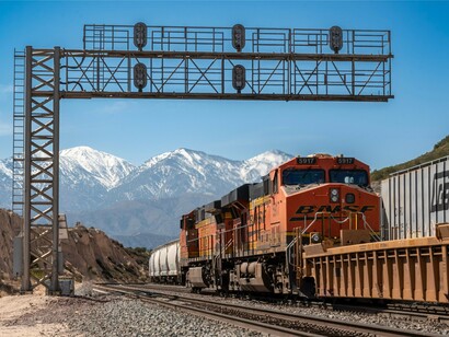 A long freight train going along a dedicated rail route, symbolising how transport networks have become integral to national security
