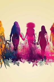Diverse women in vibrant, flowing silhouettes emerging from nature, symbolizing the potential for compassionate and nurturing leadership rooted in the feminine principle