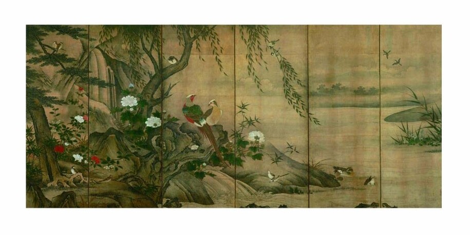 Kanō Utanosuke (attivo alla metà del XVI secolo), Uccelli e fiori delle quattro stagioni, Metà del XVI secolo (periodo Muromachi), Coppia di paraventi a sei ante, Inchiostro e colore su carta, cm 154,2 x 348,2 (ciascun paravento), Tōkyō kokuritsu hakubutsukan  (Museo Nazionale di Kyoto)
