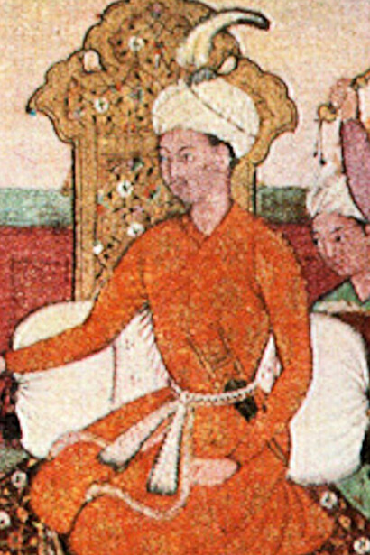 “News of the Loss of Andijan” (folio 81b), miniature from the 1590 illustrated manuscript of the Baburnama (detail of Babur)