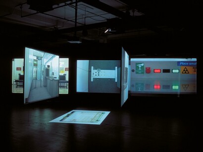 Point of Departure, 2006. Six channel video installation, three channel sound. Duration: 31:36 min. Courtesy the artist, Film and Video Umbrella, London, and Rampa, Istanbul. Installation view NGCA, Sunderland, 2006. © Ergin Çavuşoğlu