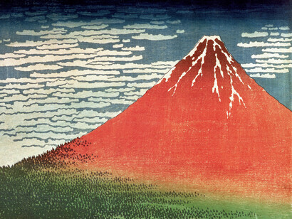 Katsushika Hokusai, *Frischer Wind am hellen Morgen oder Gaifu kaisei* (*Der rote Fuji*), aus der Serie *Fugaku sanjūrokkei* (*Die Sechsunddreißig Ansichten des Berges Fuji*), um 1830. Nishiki-e (Farbholzschnitt), 26,1 x 38,2 cm (ōban). British Museum, London