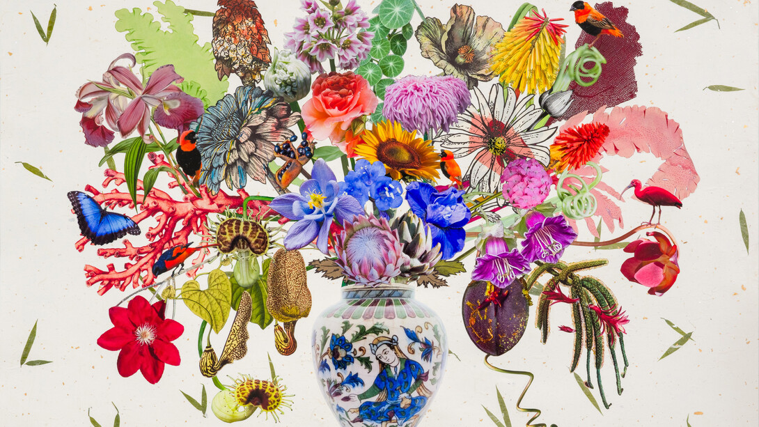 Jane Hammond, Persian vase with cup and saucer vine, clematis Rebecca and northern red bishop medium. Courtesy of Berggruen Gallery