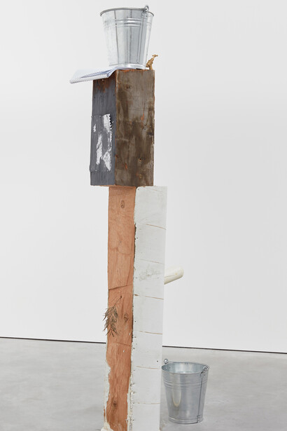 Oscar Tuazon for Ariana Reines, Old Spice, 2016 Concrete, wood, soap, paint, buckets, tap, water, leaf, paper, poems 231 x 43 x 86 cm, 91 x 16 7/8 x 33 7/8 ins, Courtesy Stuart Shave/Modern Art, London