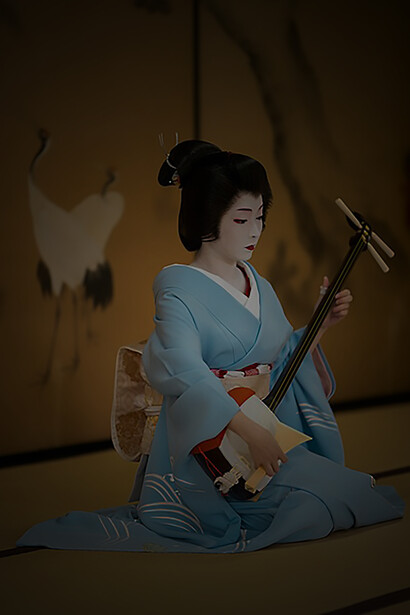 Kyoto geiko Toshimana enchants at Ryuhonji Temple, skillfully playing the shamisen in full makeup and a katsura wig, adorned in a captivating blue hikizuri kimono with short sleeves, and a stylish stiff brocade obi tied into a taiko-musubi knot