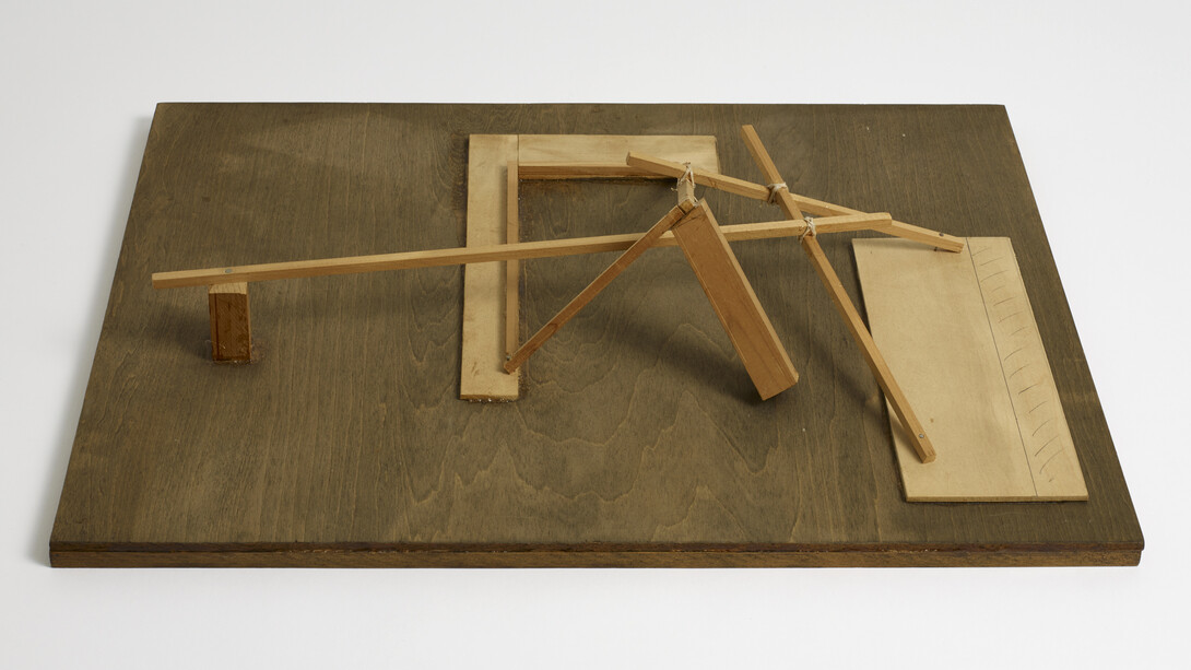 Jiro Takamatsu, 'Maquette of: The Poles and Space
No.964', 1979. Rectangular lumber and board, 11.6
x 53 x 40.9cm (4 5/8 x 21 x 16in). Copyright the
Estate of Jiro Takamatsu. Courtesy the Estate;
Stephen Friedman Gallery, London and Yumiko
Chiba Associates, Tokyo.