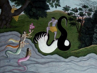 Le mogli di Kaliya pregano Krishna di liberare il serpente Kaliya, loro marito sottomesso, c.1785, National Museum of India, Nuova Delhi, India