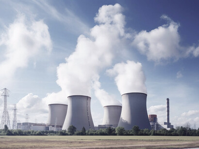 White smoke billows from the chimneys of the nuclear power plants