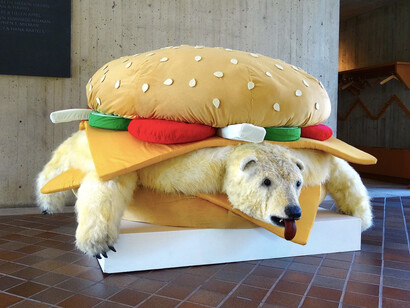 Livestock production is responsible for 51 percent of all greenhouse gas emissions. Vincent J. F. Huang’s "Polar Bear Hamburger" (2014) reminds us of links between food and the environment. Courtesy of Vincent J F Huang