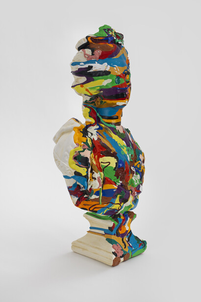 Djordje Ozbolt, Let Her Eat Paint, 2014, Found bust covered in paint swatches, 53 x 32 x 21 cm / 20 7/8 x 12 5/8 x 8 1/4 in. Photo: Genevieve Hanson © Djordje Ozbolt. Courtesy the artist and Hauser & Wirth