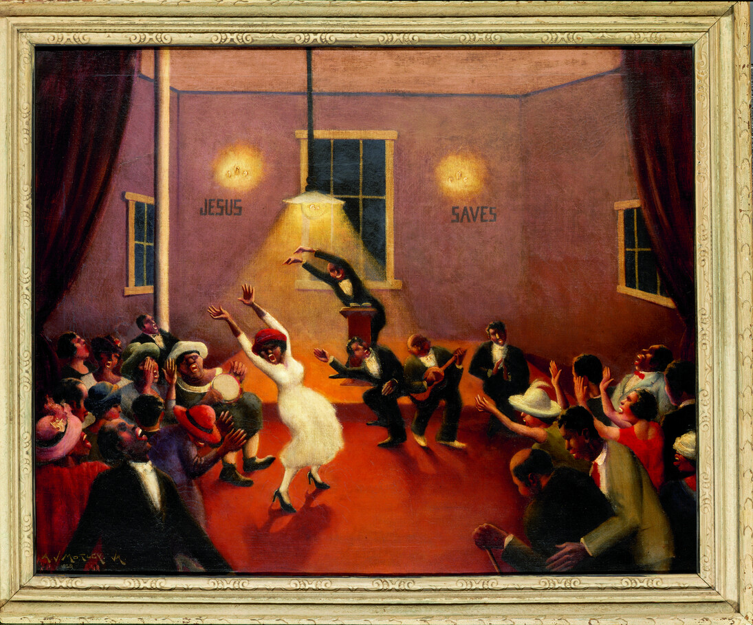 Archibald J. Motley Jr., Tongues (Holy Rollers), 1929. Oil on canvas, 29.25 x 36.125 inches (74.3 x 91.8 cm). Collection of Mara Motley, MD, and Valerie Gerrard Browne. Image courtesy of the Chicago History Museum, Chicago, Illinois. © Valerie Gerrard Browne
