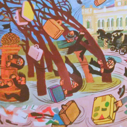 La Bora soffia impetuosa a Trieste, sferzando le strade con raffiche fredde e violente. Dettaglio di cartolina postale triestina, Italia