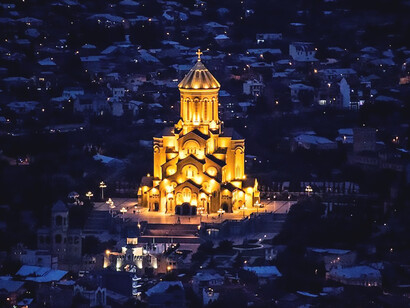 The architectural components of the Samba Church in Georgia, the largest Orthodox church in the world in the city of Tiflis, Holy Trinity Cathedral, Tbilisi, Georgia