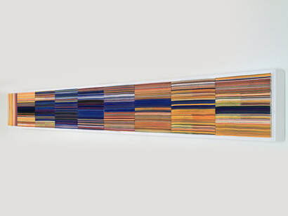 Hadieh Shafie, Stripe 2, 2014, Ink, acrylic and paper with printed and handwritten Farsi text Eshgh, ("Love/Passion"), 11 x 68 in