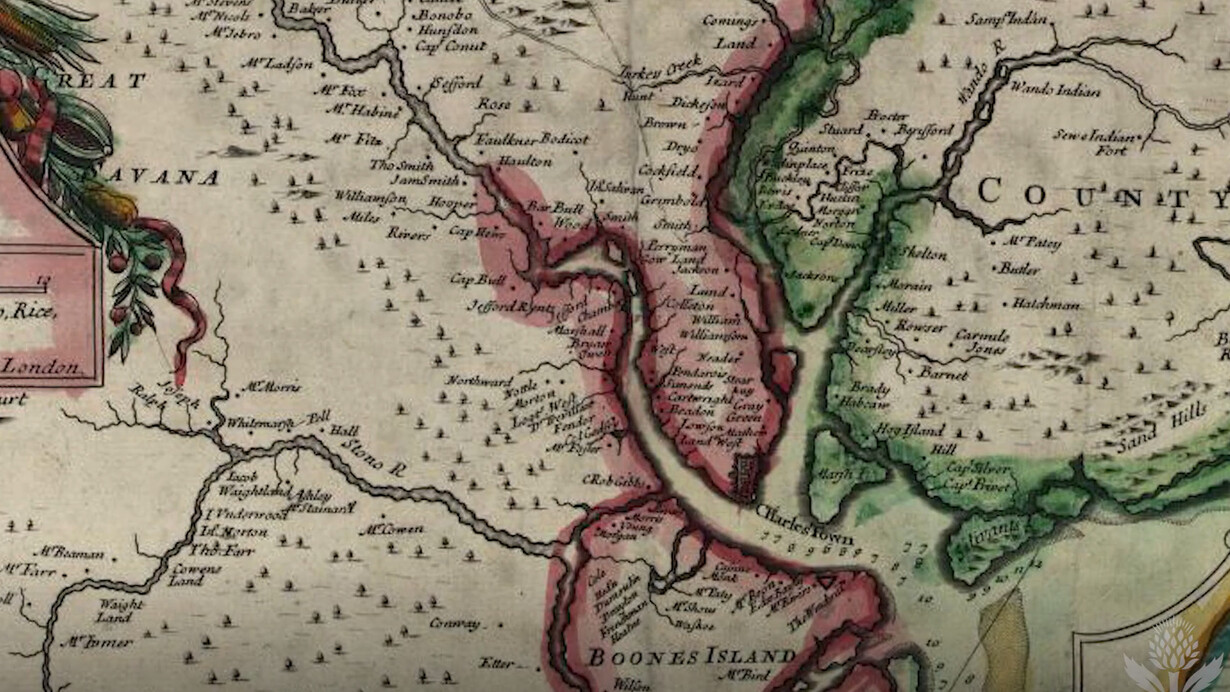 Map of coastal South Carolina showing the Stono River, Charleston, and Boone’s Island—the landscape from which the 1739 rebellion for freedom began