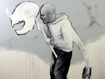 Gerard Ellis, “Juego de Adultos”, 2017, Acrylic and pencil on canvas, 48" x 64". Courtesy of Lyle O. Reitzel Contemporary Art Gallery