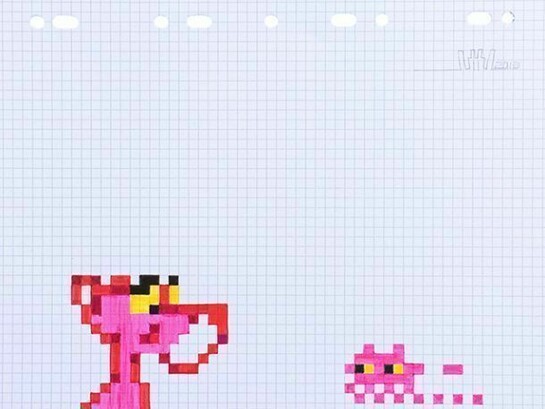 Space Invader, Pink Panther Meets Invader, Ink on paper, Unique, Signed, 11 x 8.5 inches, 2013