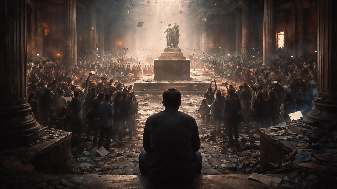 A solitary observer overlooks a restless crowd inside a crumbling civic hall, capturing the tension between mass participation and individual political powerlessness