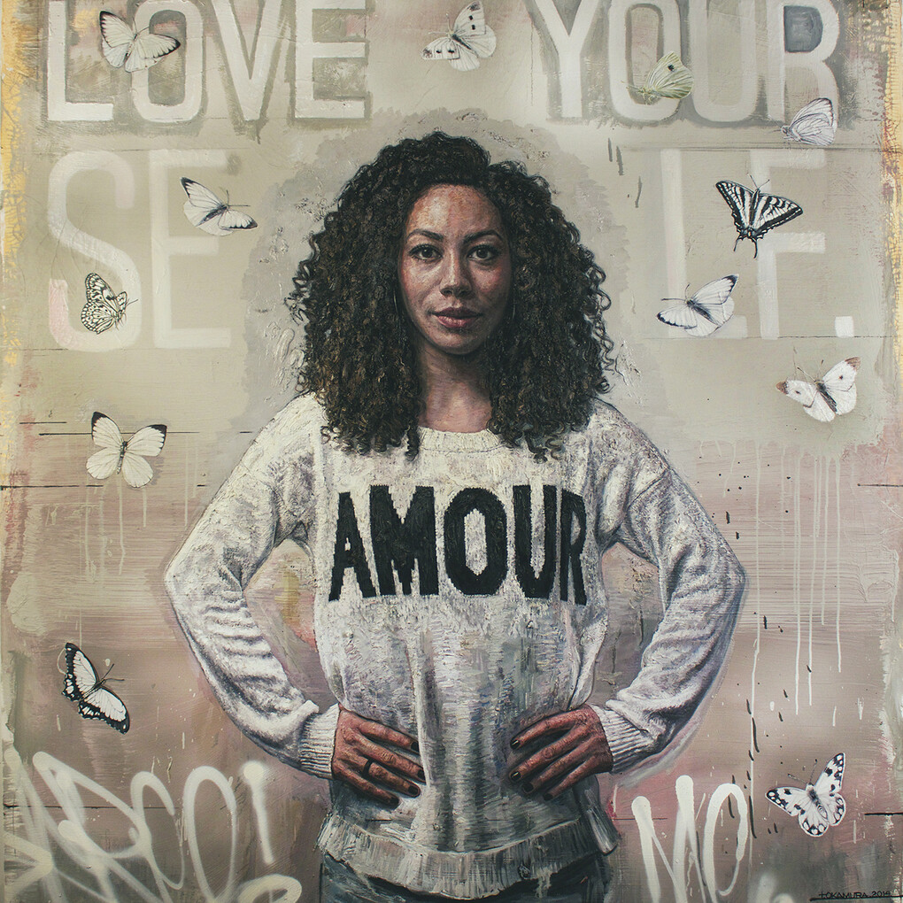 Love Your Self, Tim Okamura, oil & mixed media on canvas, 72 x 78 inches, 2014. Courtesy of Yeelen Gallery