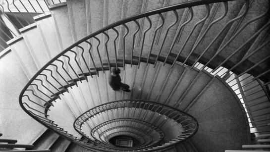 View of the grand staircase at La Rinascente in Rome, designed by Franco Albini and Franca Helg, 1962, digital print on aluminium