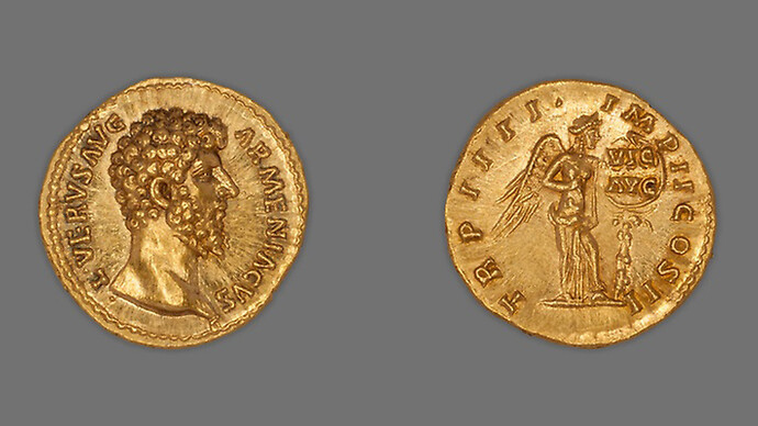 Roman, minted in Rome, Aureus (Coin) Portraying Emperor Lucius Verus, December A.D. 163/December A.D. 164, issued by Marcus Aurelius and Lucius Verus