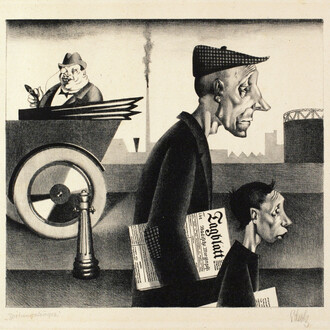 Georg Scholz, Der Zeitungsträger (Arbeit schändet) ["Paper Boy (Work Is Disgracing)"], 1921, Lithograph on paper, 7 7/8 x 8 5/8 inches (20 x 21.9 cm) - image, 12 3/4 x 15 3/4 inches (32.4 x 40 cm) - sheet, Edition of 125, Signed & titled on recto. Ubu Gallery, New York