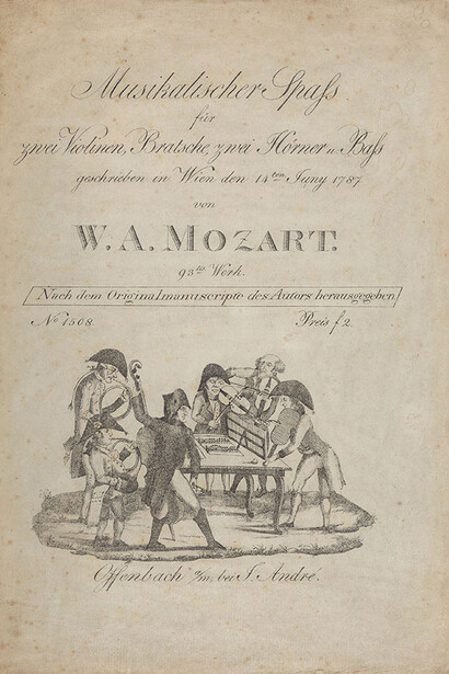 Wolfgang Amadeus Mozart, Ein musikalischer spaß ([Some] musical fun) in F Major (K. 522) 
Offenbach: J. André (detail), 1802 [first edition]. Courtesy of Morgan Library and Museum 