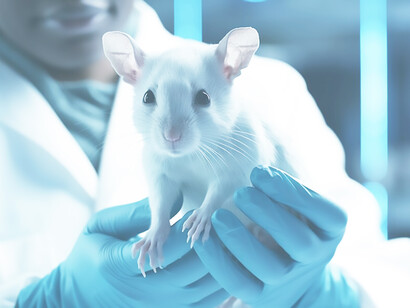 In this compelling image, a scientist holds a rat in their hand, providing a close-up view of a rodent used for research purposes